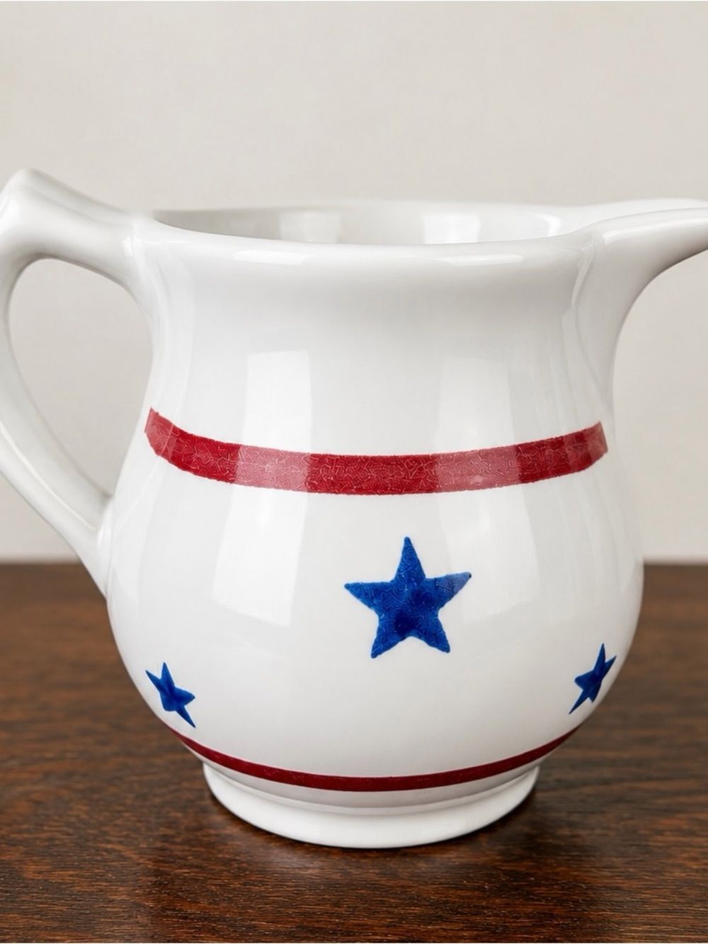 Vintage USA Pottery Patriotic Pitcher Red White Blue Stars Stoneware 1980-1990